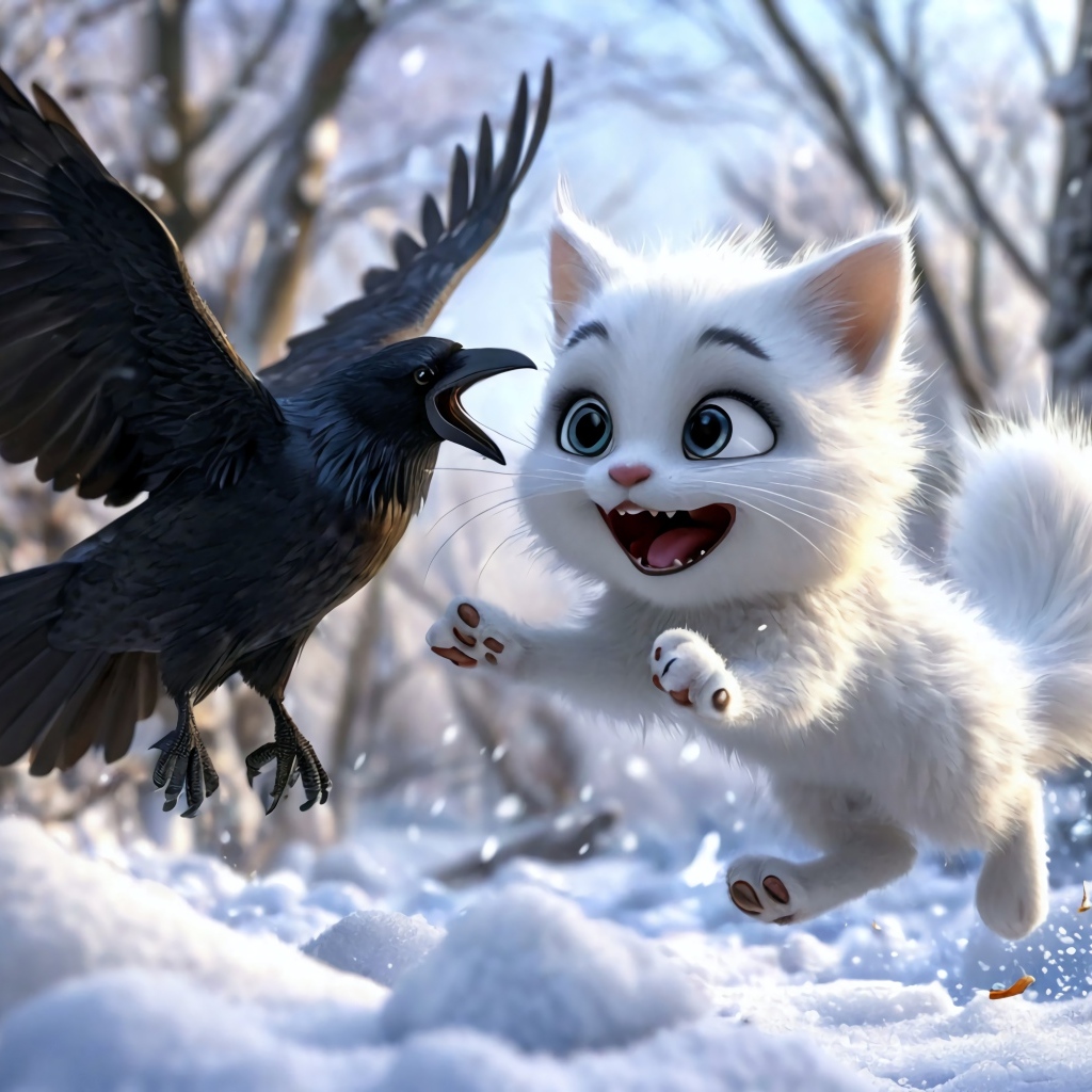 Нарисованный белый котенок играет с вороном