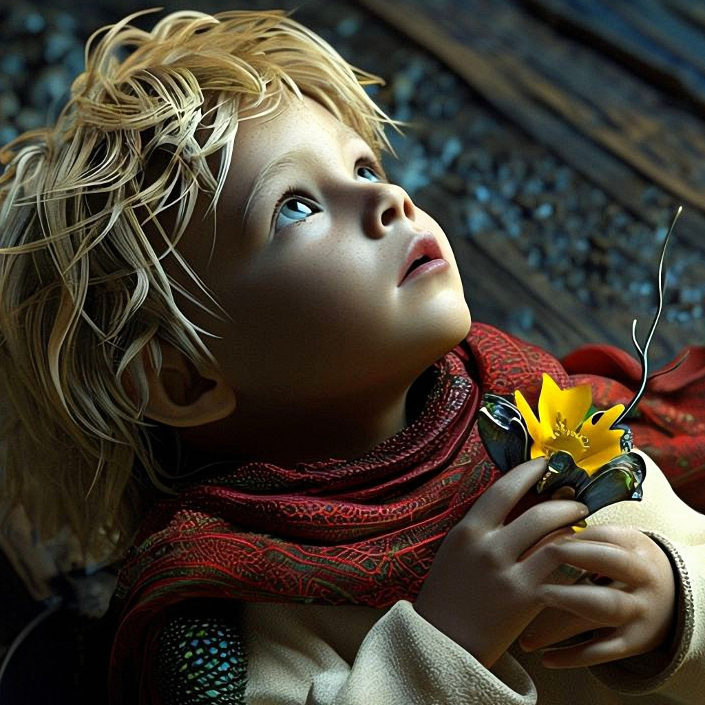 Маленький светловолосый нарисованныЙ мальчик с цветком