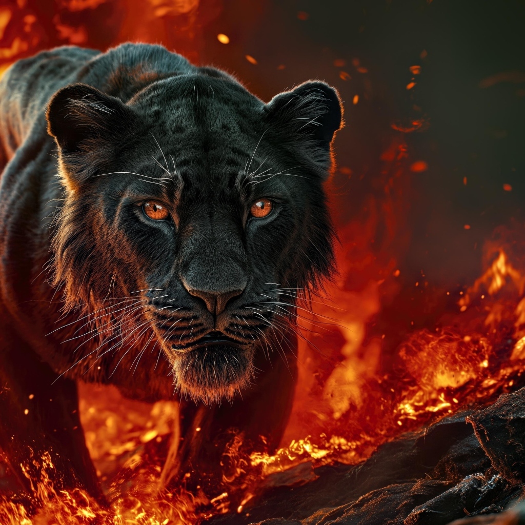 Черная пантера идет по огненной земле