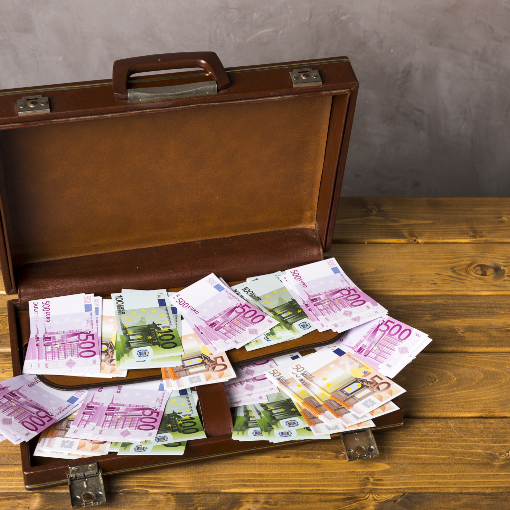 Большой кожаный чемодан с купюрами евро
