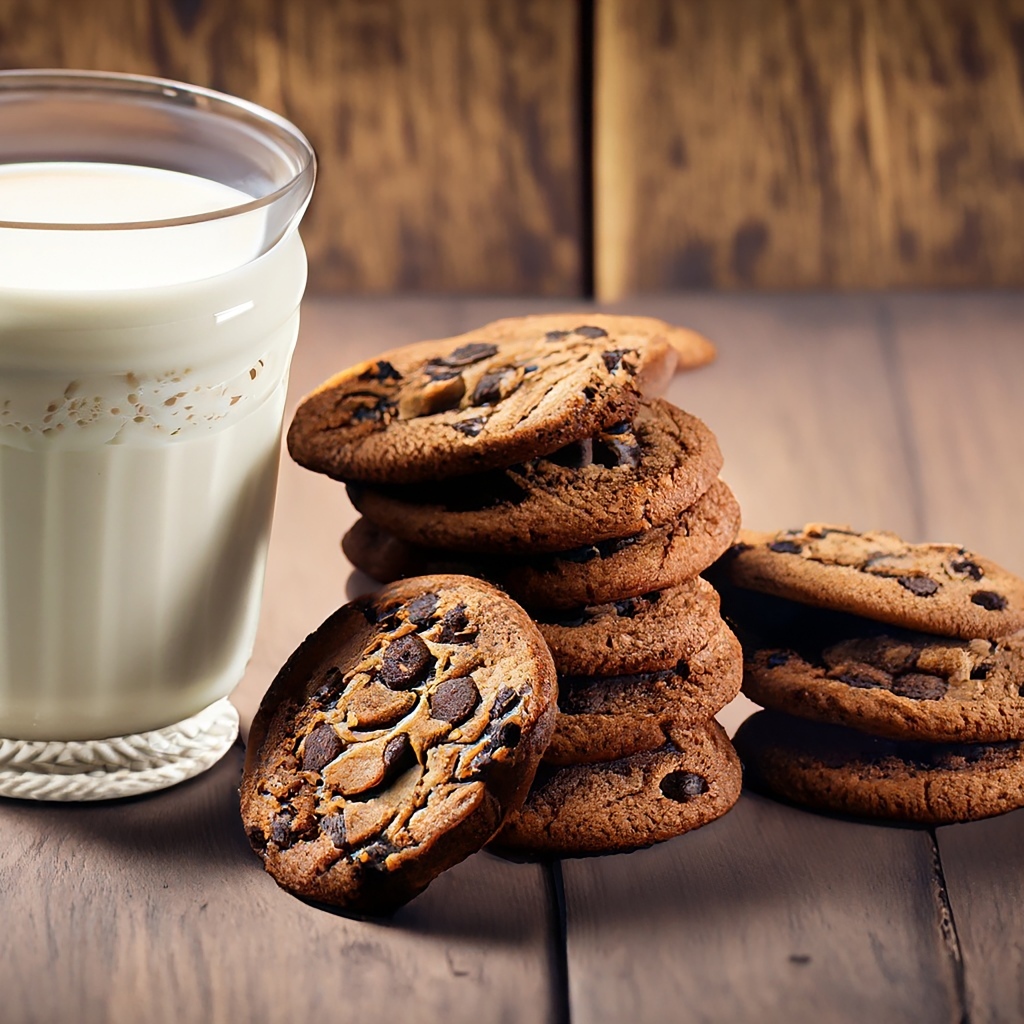 Стакан молока с круглым печеньем на столе