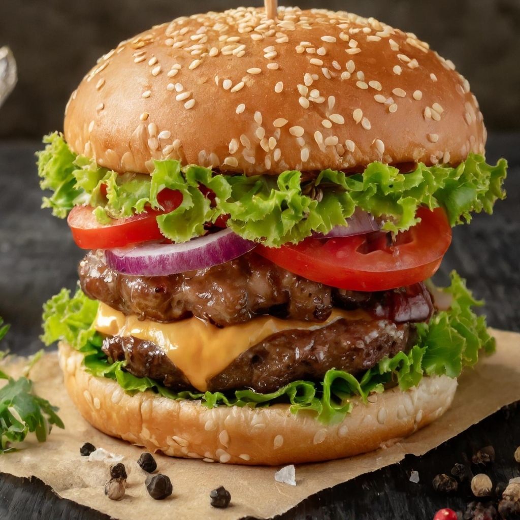 Гамбургер крупным планом на столе со специями