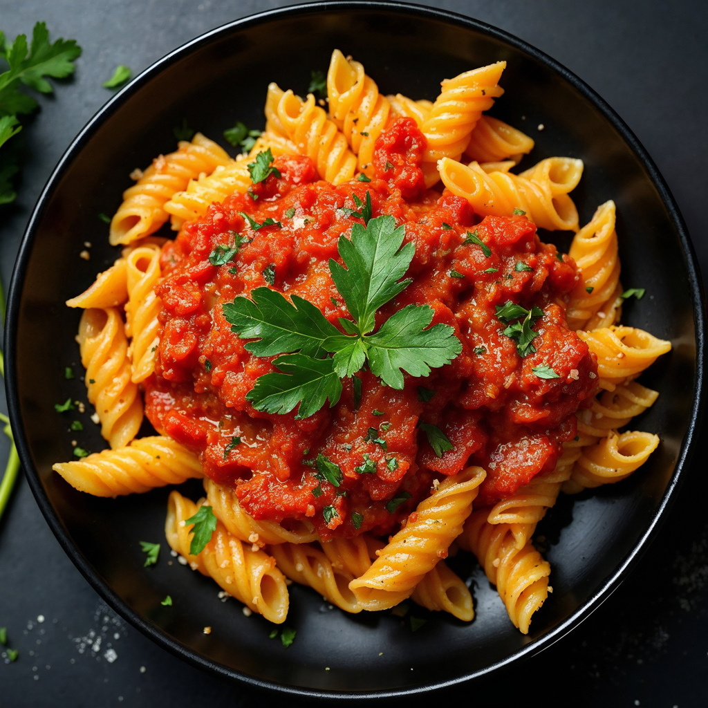 Макароны с томатной пастой на тарелке
