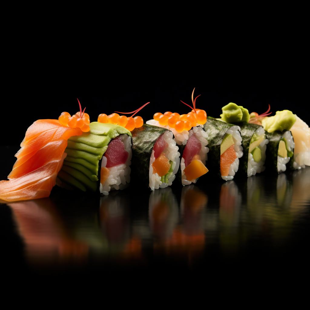 Роллы с красной рыбой и икрой на черном фоне
