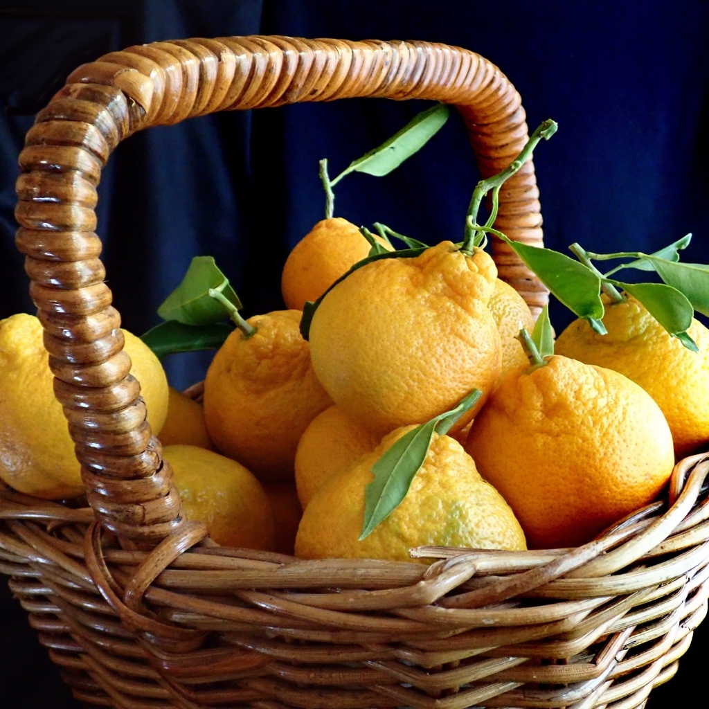 Корзина крупных желтых лимонов на столе