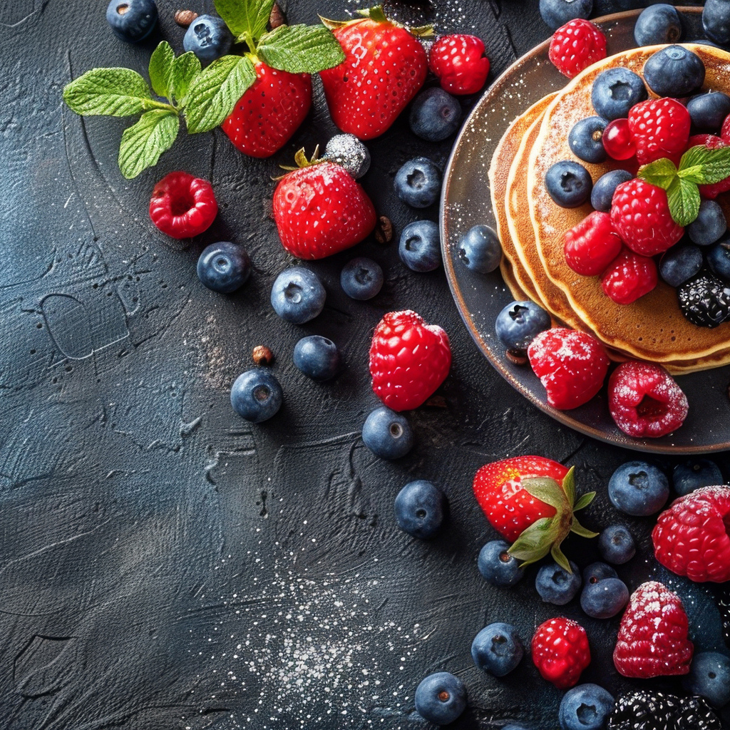 Ягоды черники, малины и клубники на сером столе