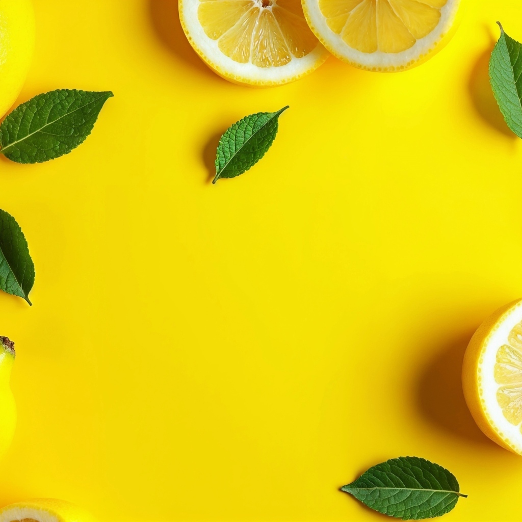 Яркий желтый фон с лимонами и зелеными листьями