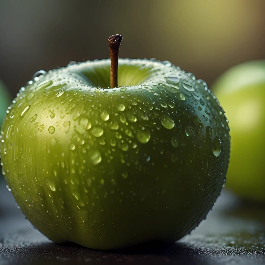 Крупное зеленое яблоко в каплях воды