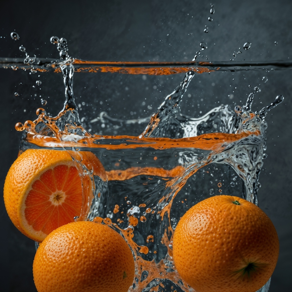 Апельсины падают в воду на сером фоне