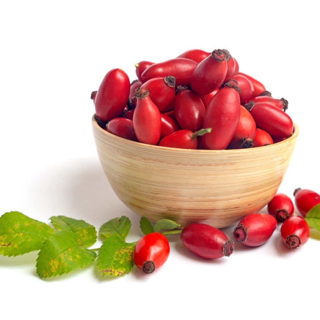 Тарелка с красными плодами шиповника на белом фоне