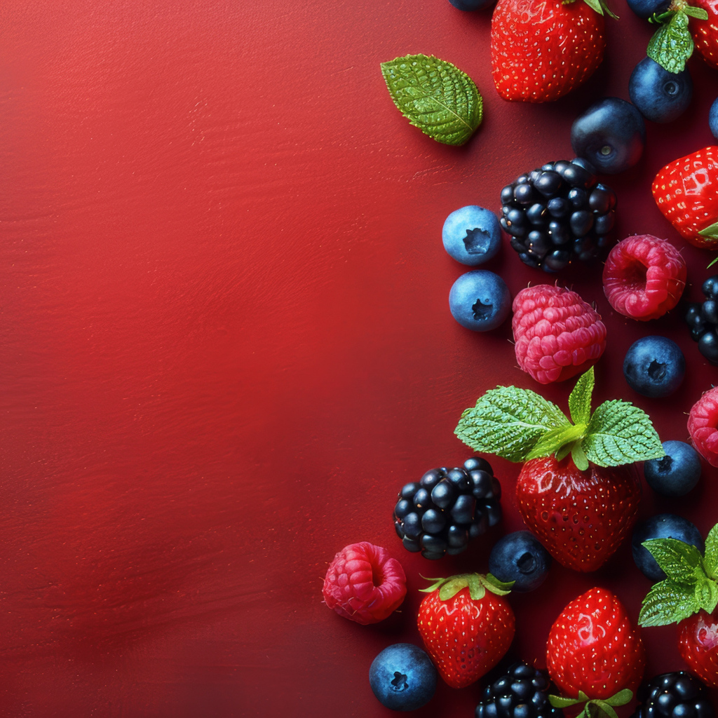 Спелые свежие ягоды с листьями мяты на красном фоне