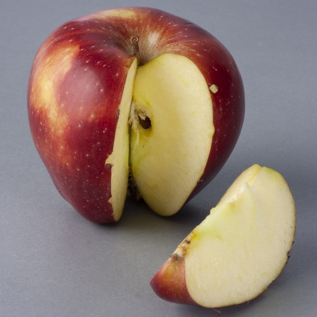 Разрезанное красное яблоко на сером фоне