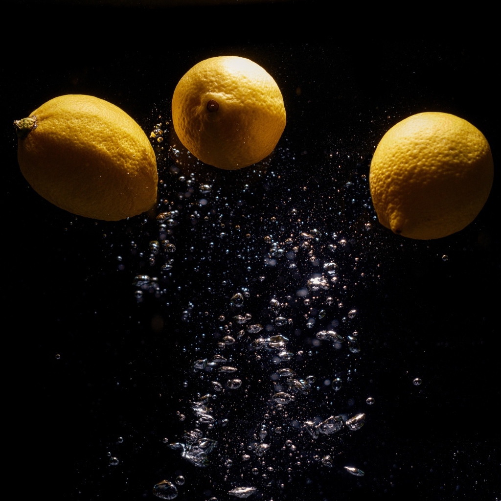 Три желтых лимона с пузырями в воде на черном фоне