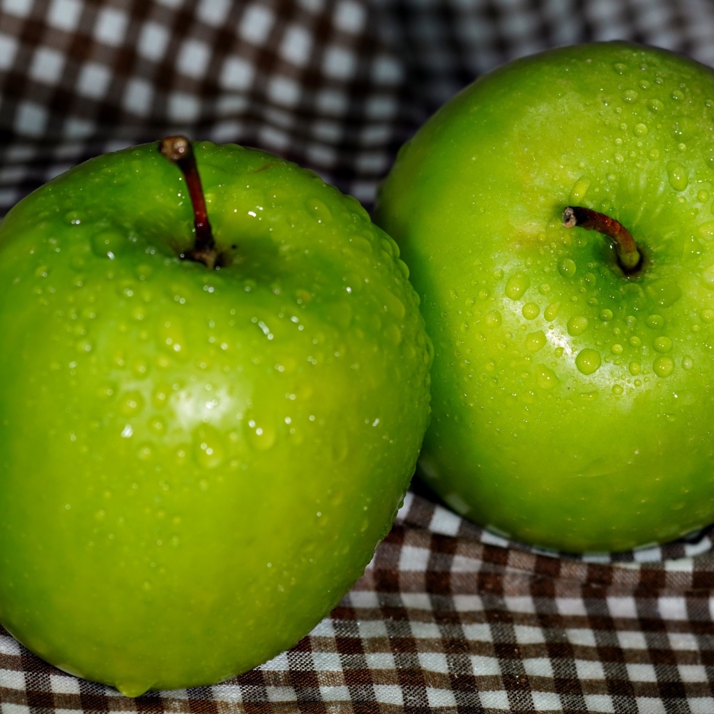 Два мокрых зеленых яблока на скатерти