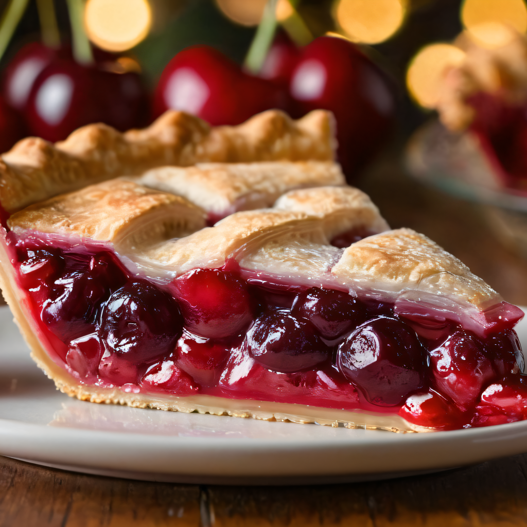 Кусок вишневого пирога на столе с ягодами