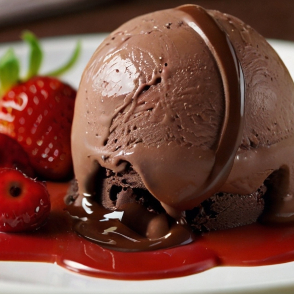 Шарик шоколадного мороженого на тарелке с ягодами клубники