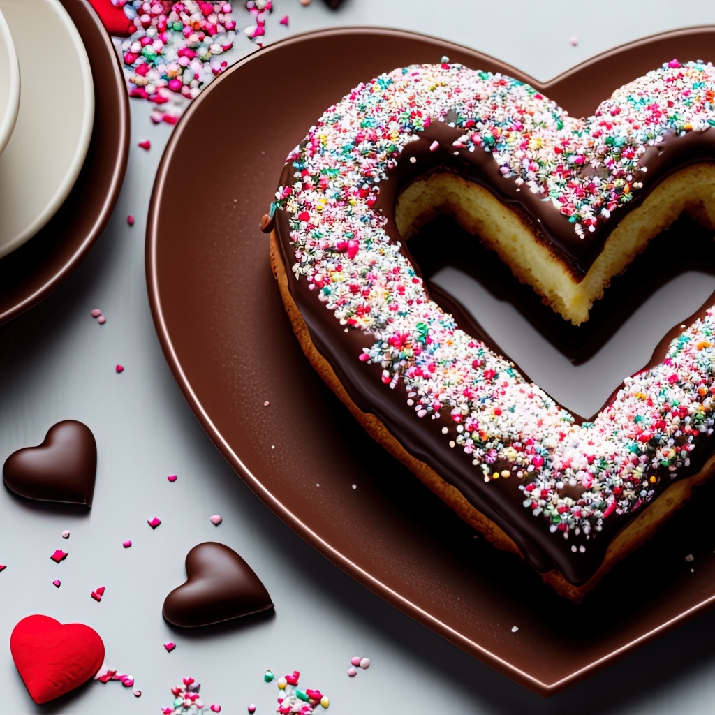 Торт в форме сердца с шоколадом на столе