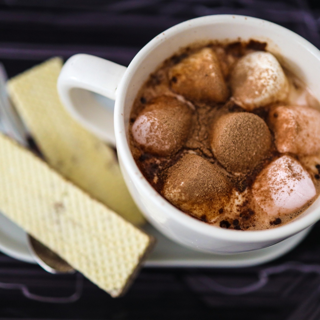 Чашка какао с маршмеллоу на тарелке с вафлями