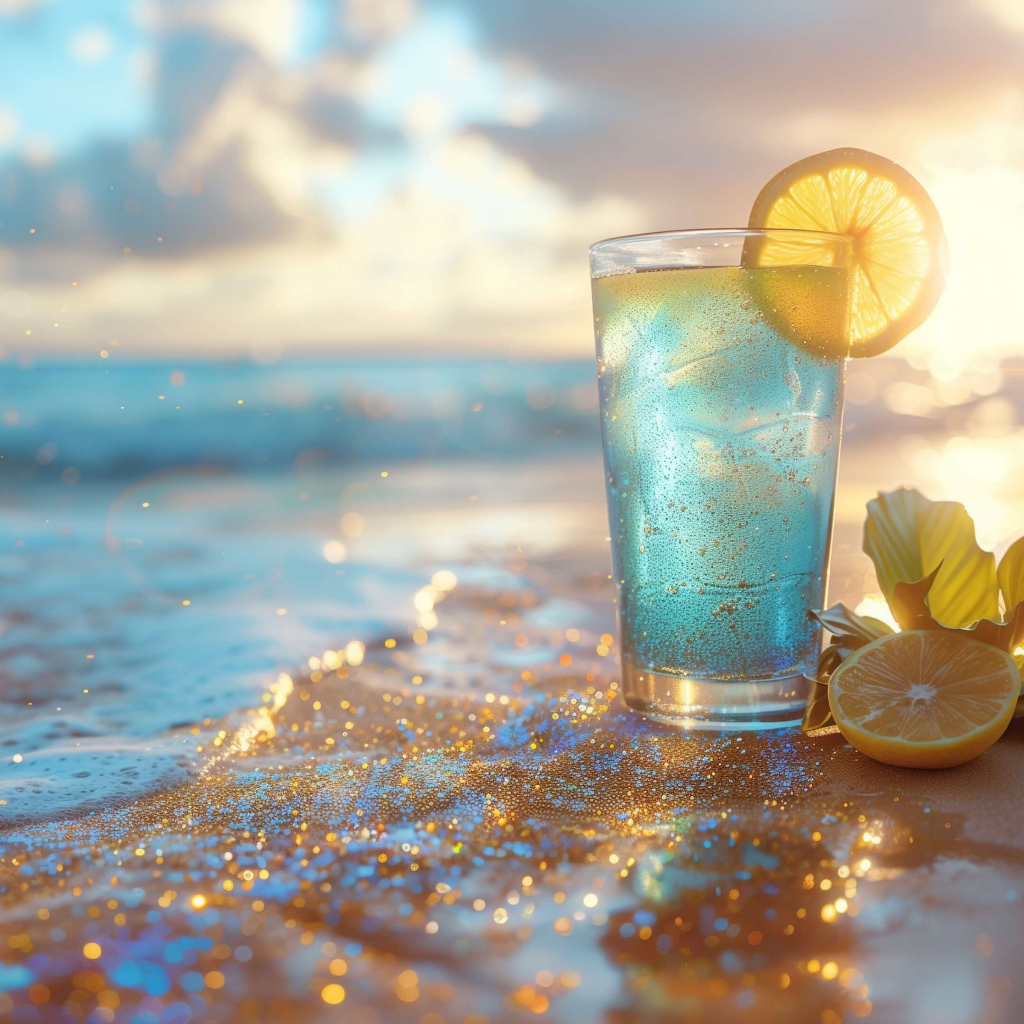Коктейль с лимоном на берегу моря в лучах солнца