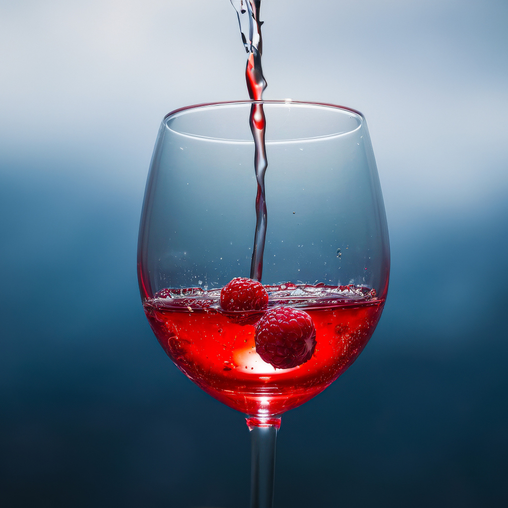 Вино наливают в бокал с ягодами малины на сером фоне