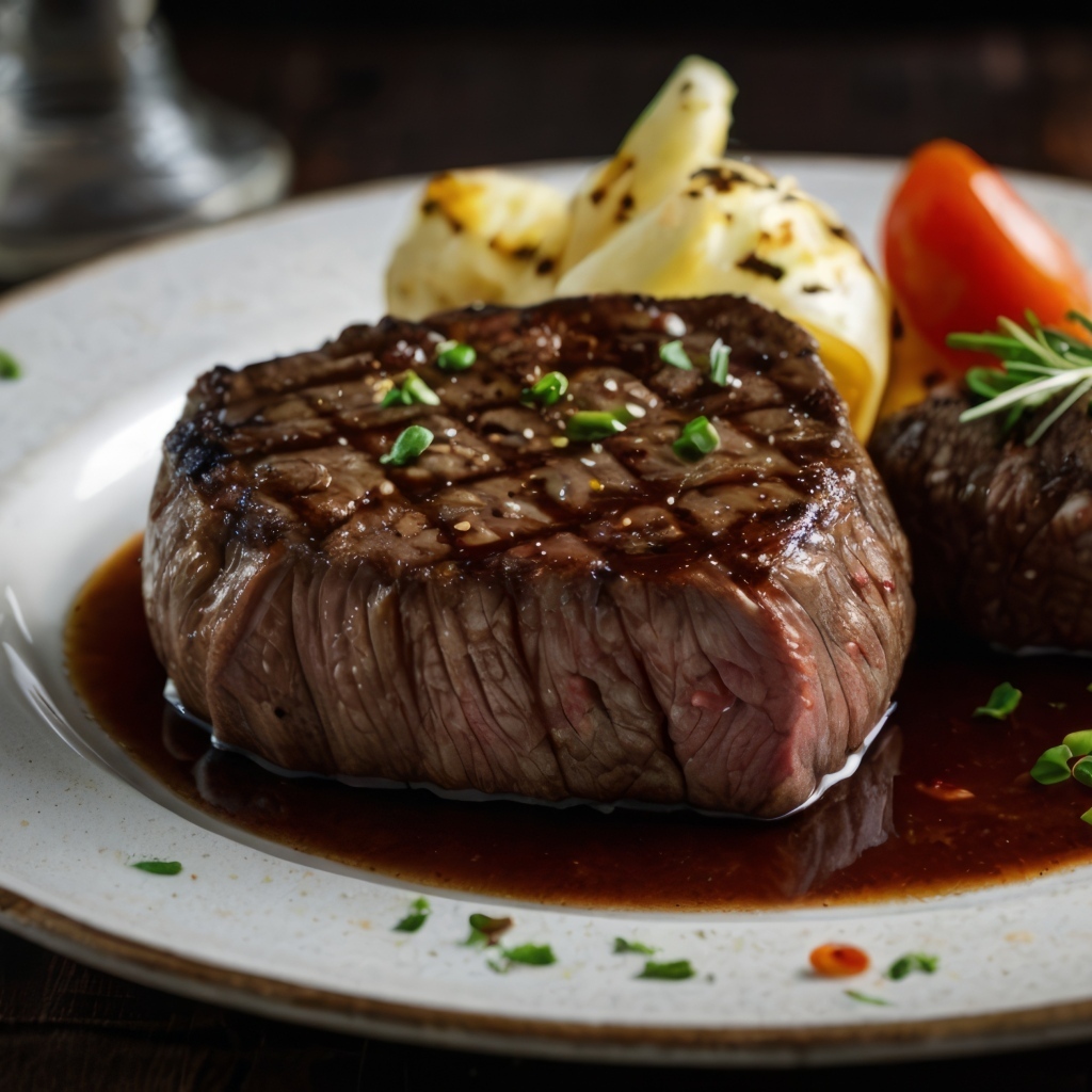 Кусок сочного стейка на тарелке на столе