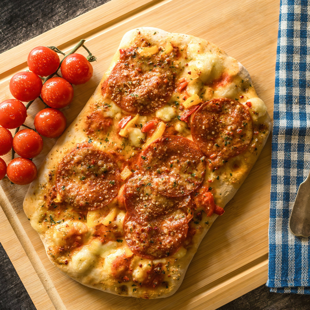 Пицца с колбасой и помидорами на доске