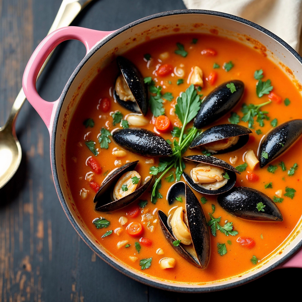 Томатный суп с мидиями на столе