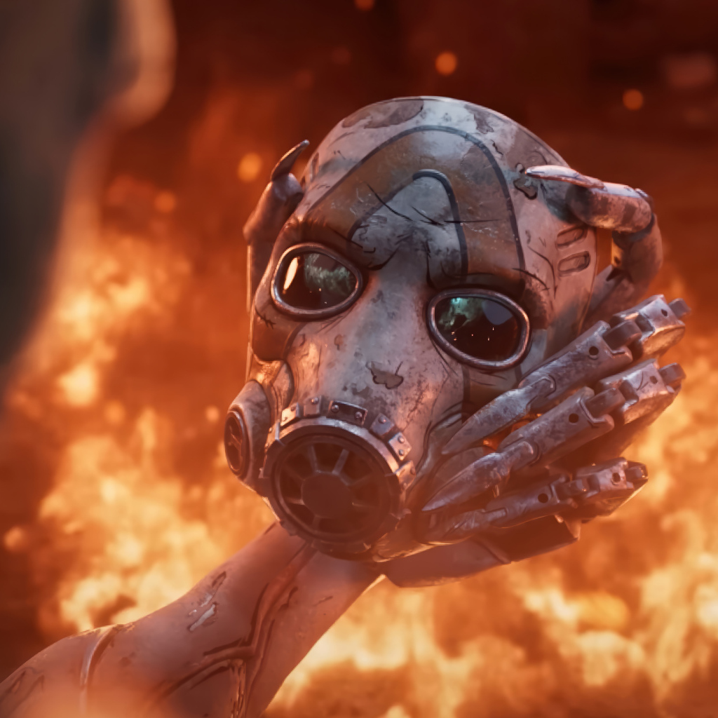 Маска в руках на фоне огня в видеоигре Borderlands 4
