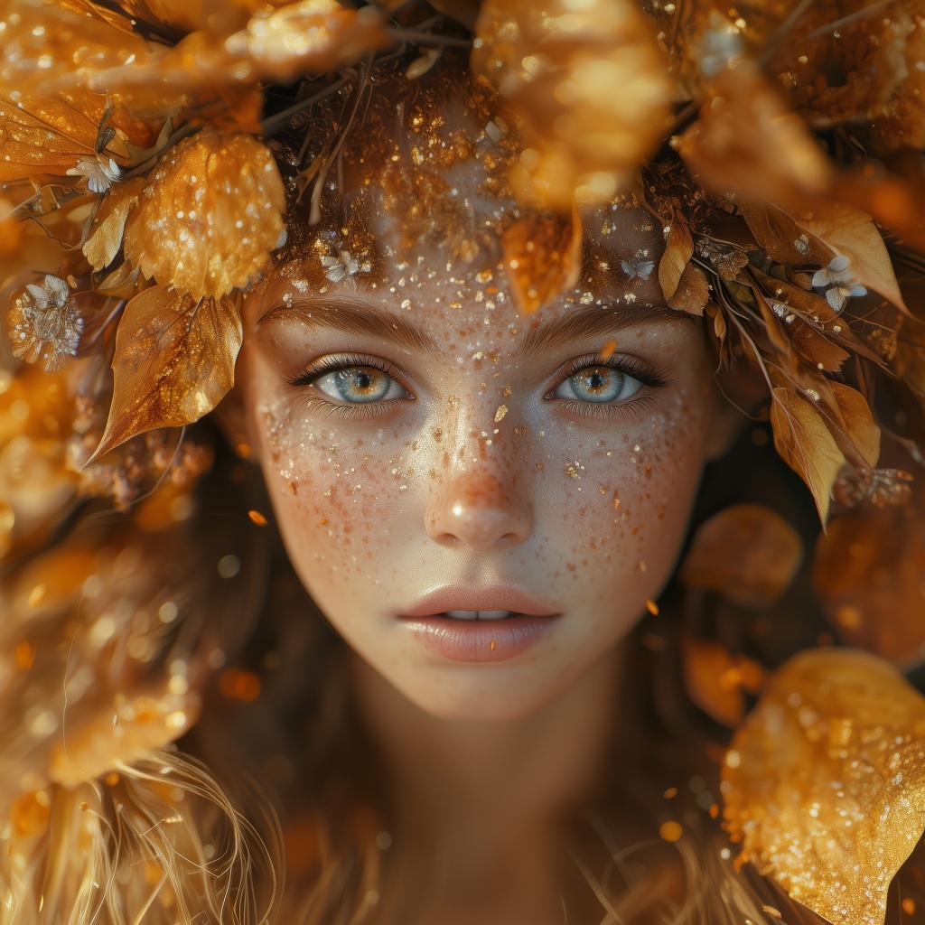 Рыжеволосая девушка осень с листьями на голове