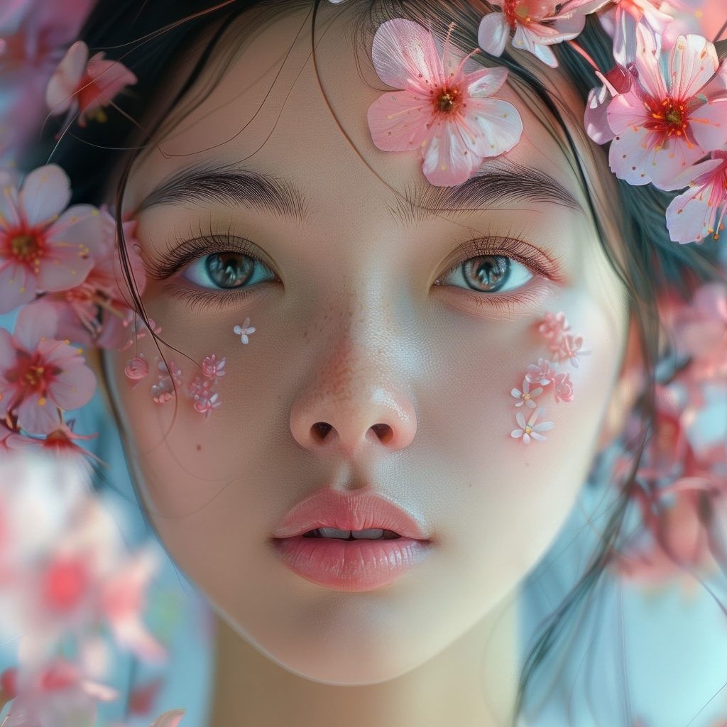 Красивая девушка азиатка с розовыми цветами сакуры