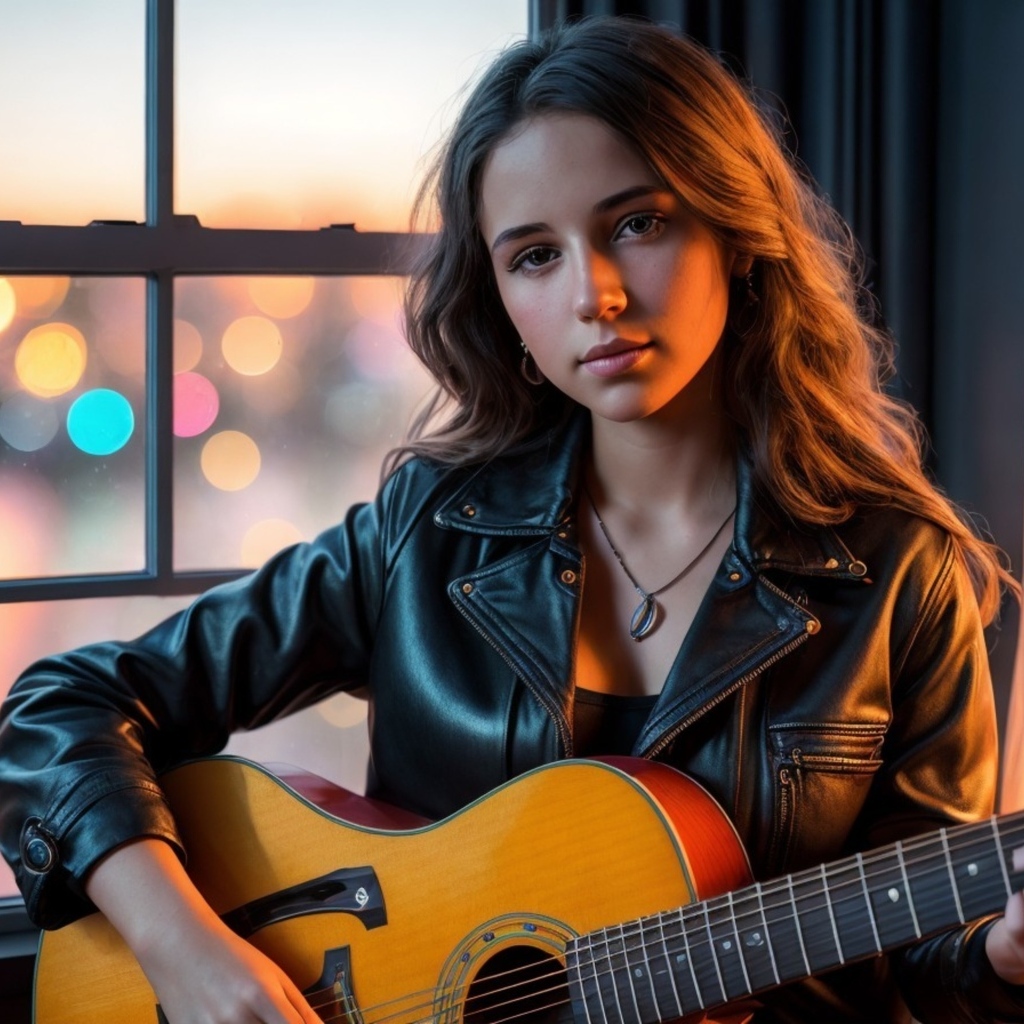Красивая девушка с гитарой сидит у окна