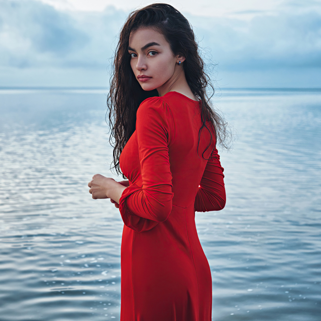 Милая девушка в красном платье стоит у воды
