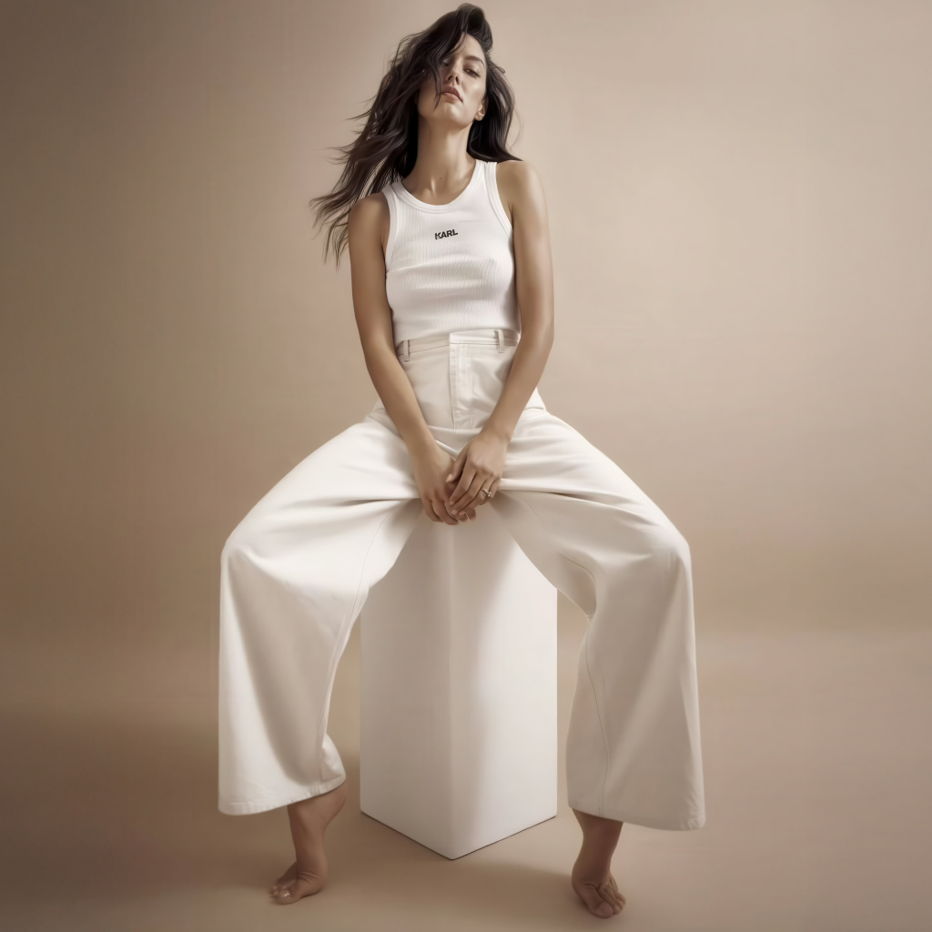 Модель Ребекка Мир в белом костюме