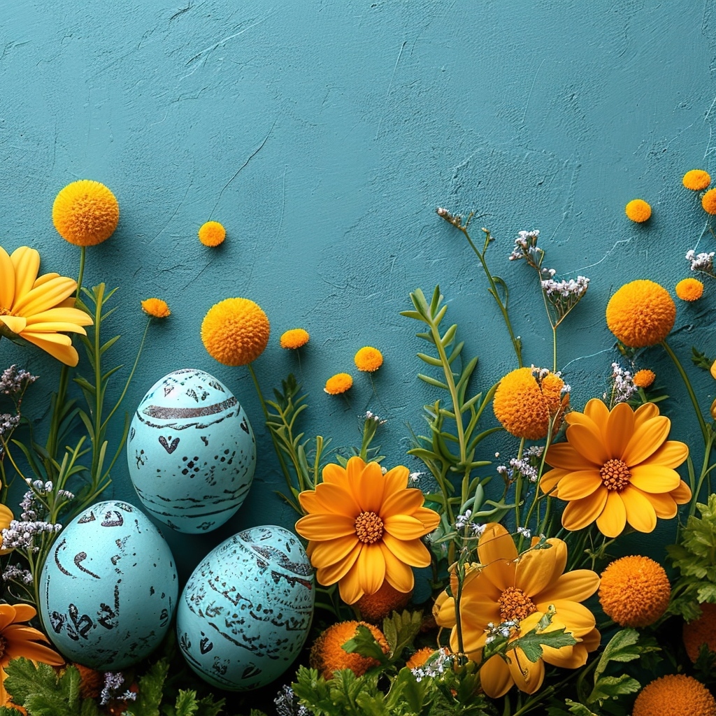Синий фон с цветами и яйцами на Пасху