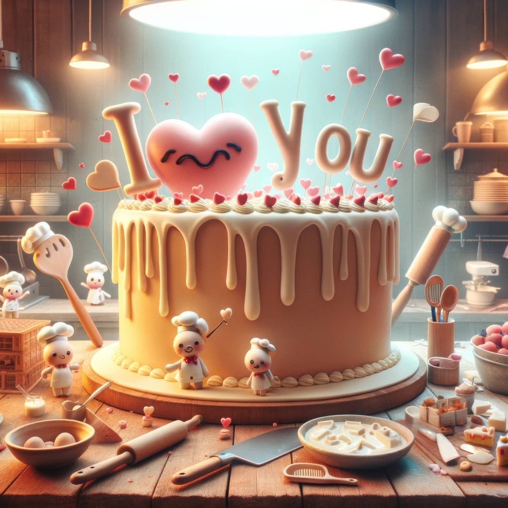 Торт с надписью Я тебя люблю на кухне на столе