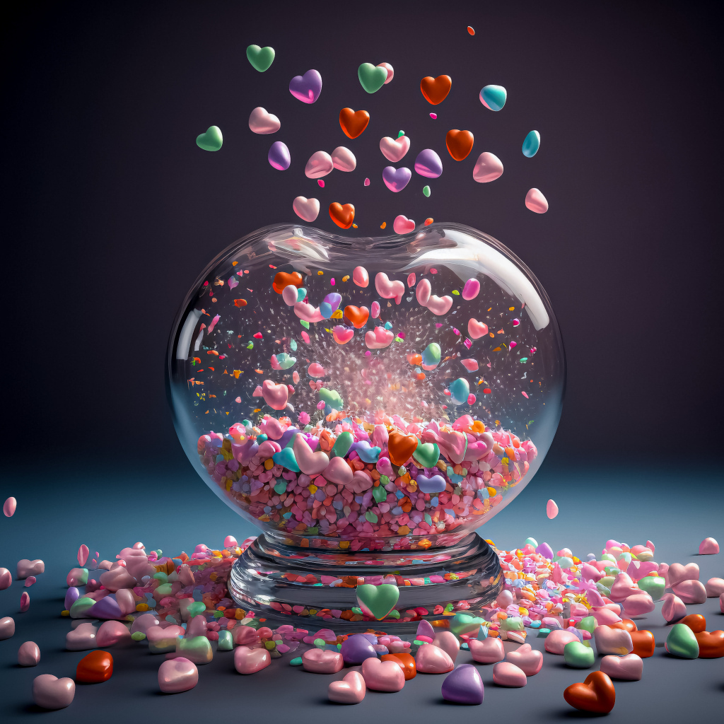 Стеклянный сосуд с маленькими разноцветными сердечками