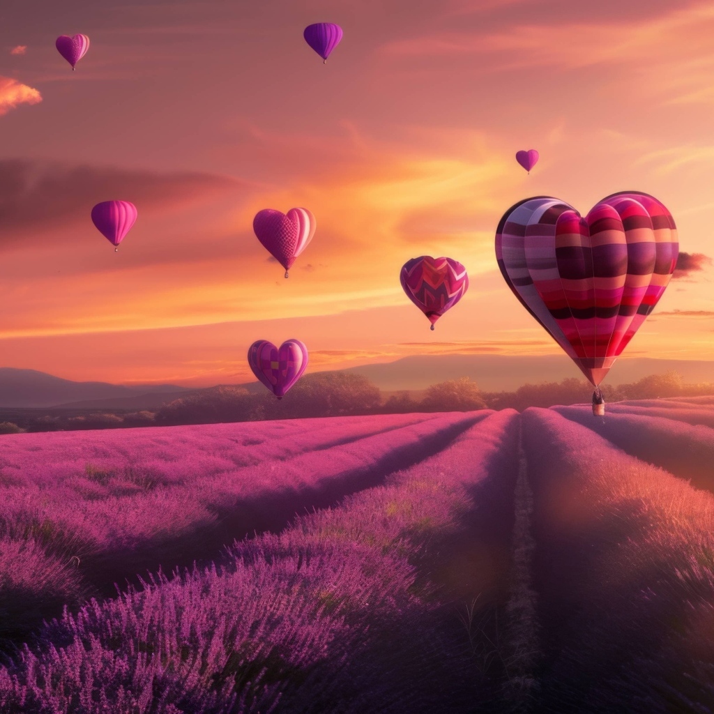 Воздушные шары в форме сердца над лавандовым полем