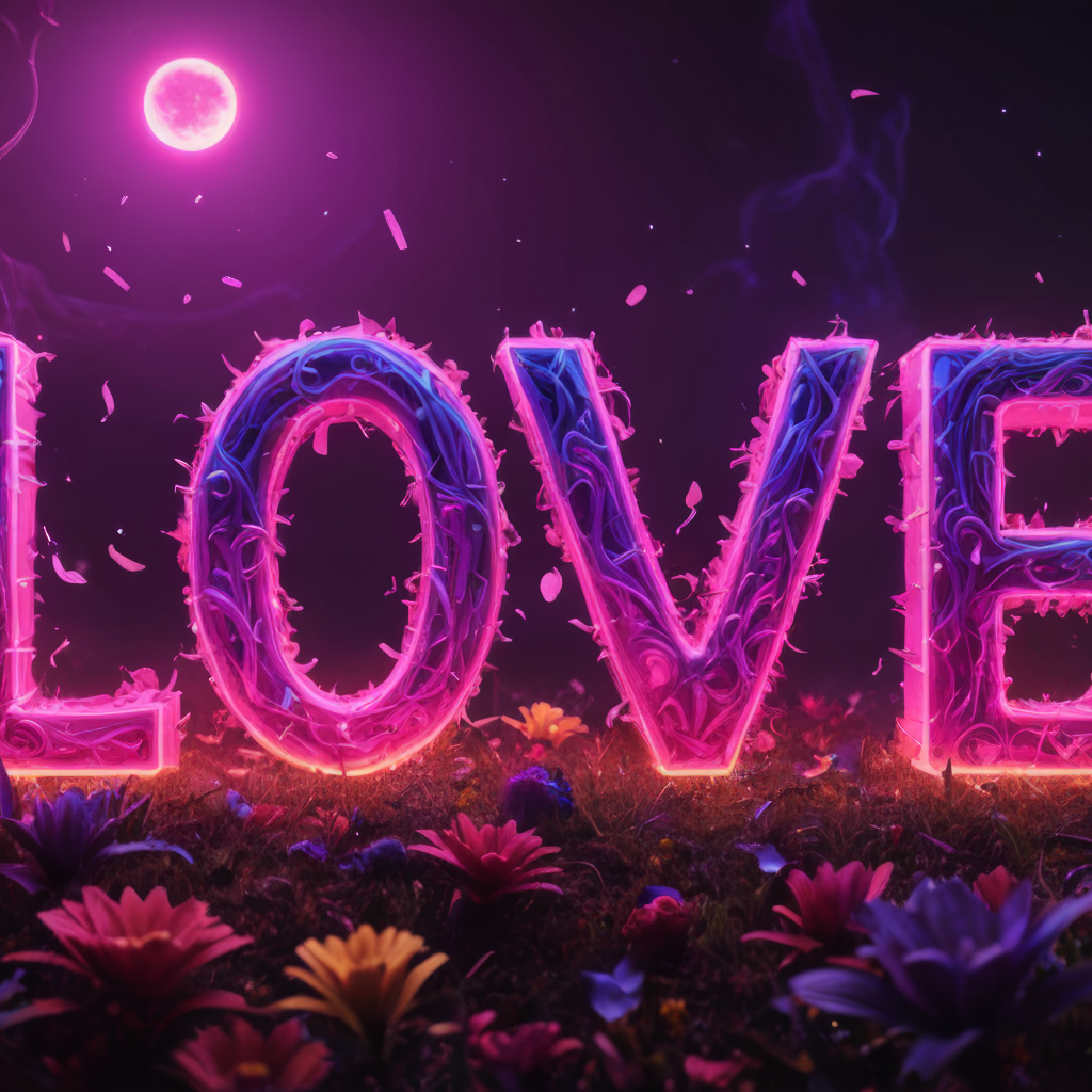 Надпись любовь в свете луны с волшебными цветами