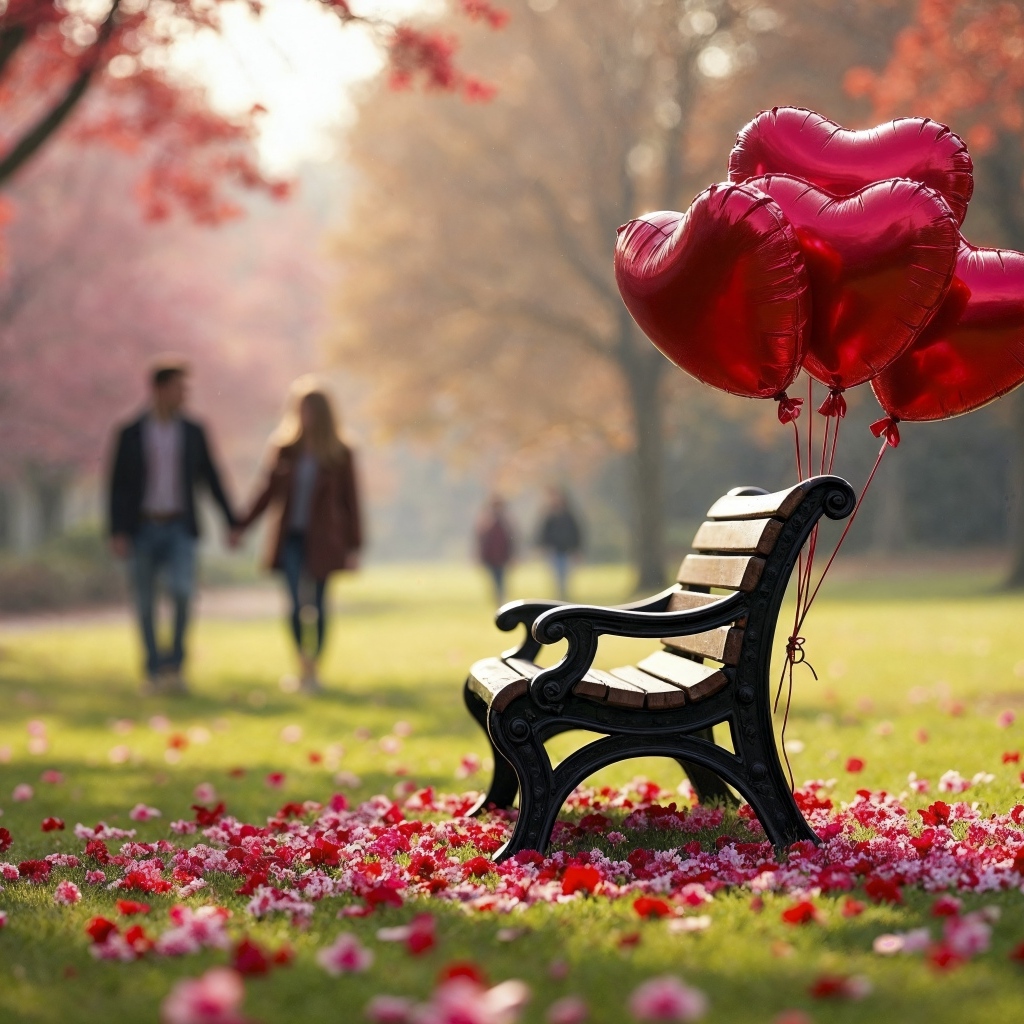 Лавка в парке с шариками в форме сердца