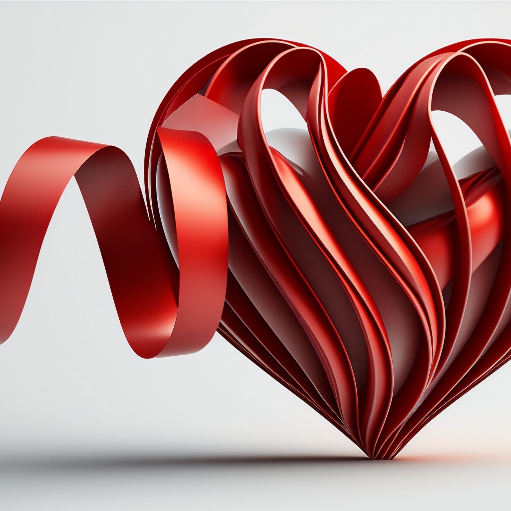 Красное 3д сердце с лентой на сером фоне