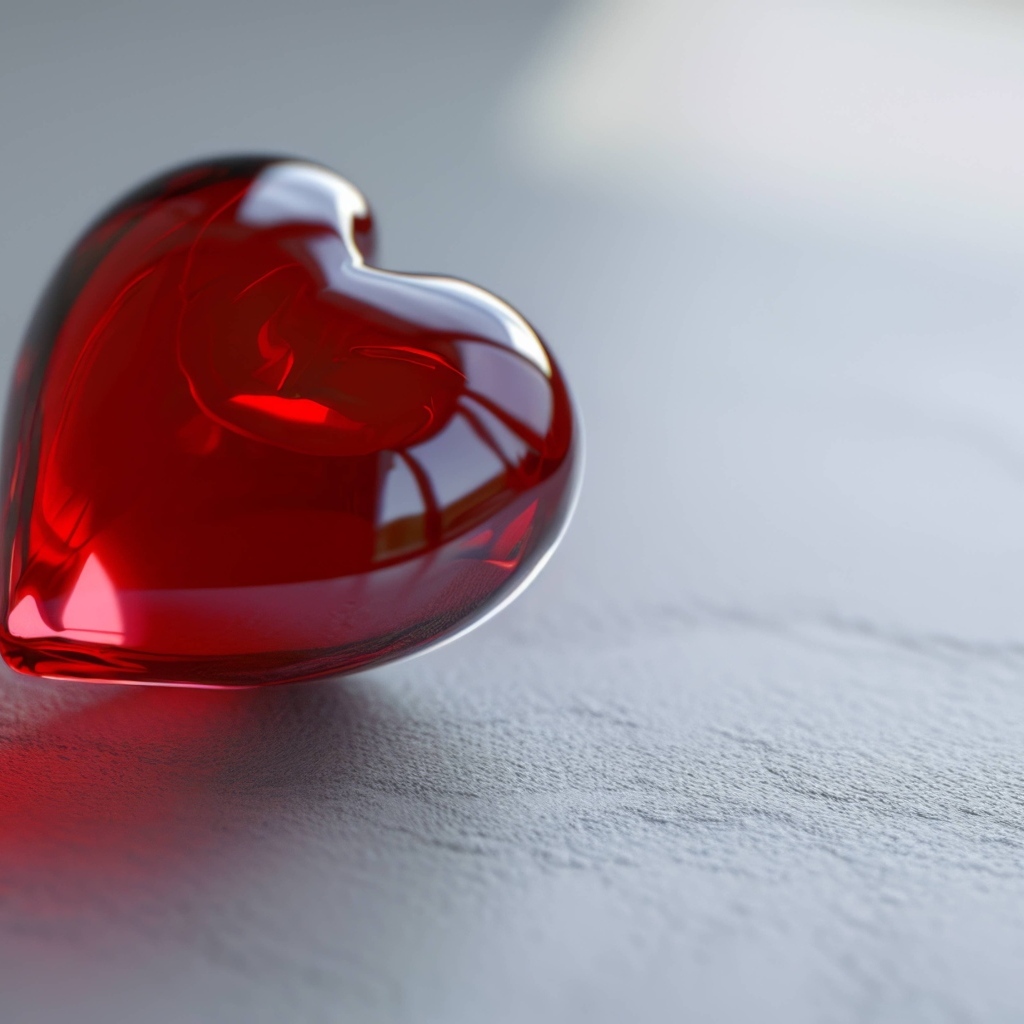 Красное стеклянное сердце на сером столе