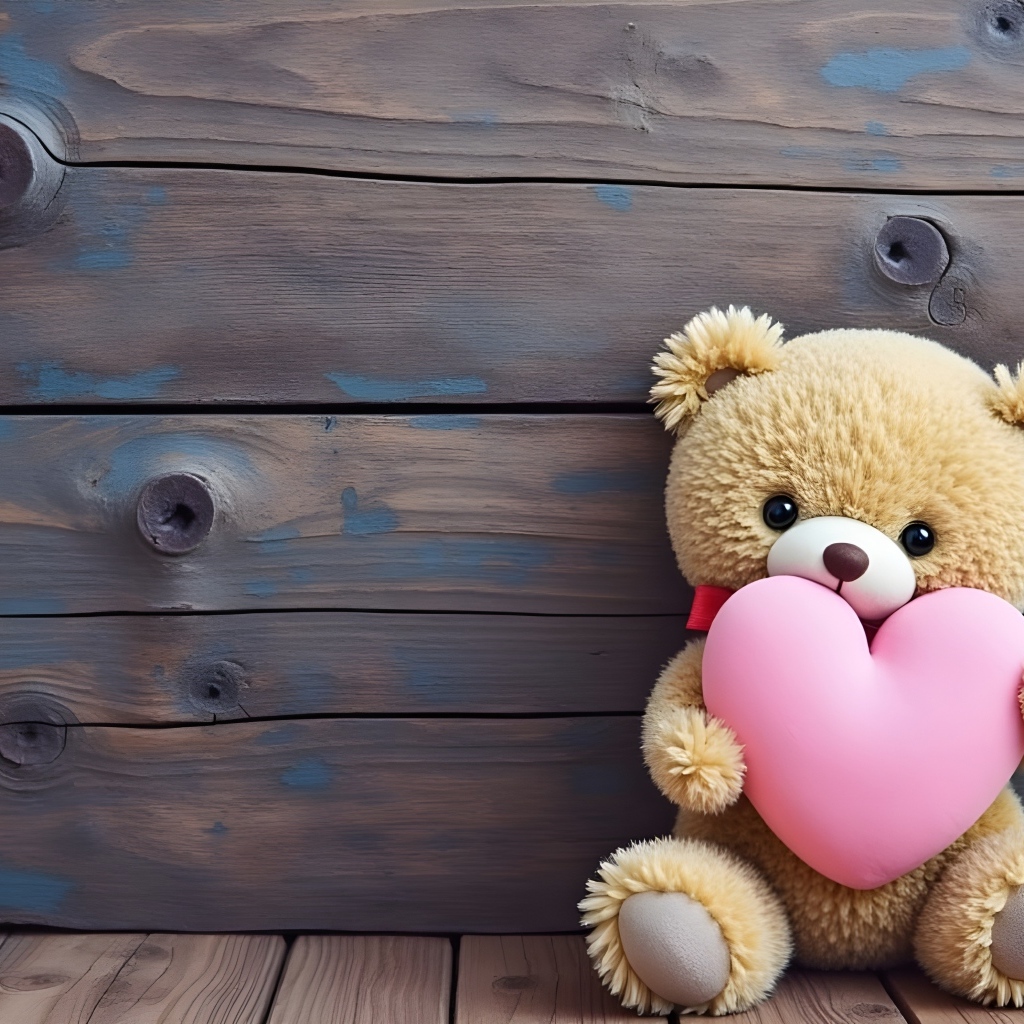 Маленький плюшевый мишка с розовым сердцем у стены