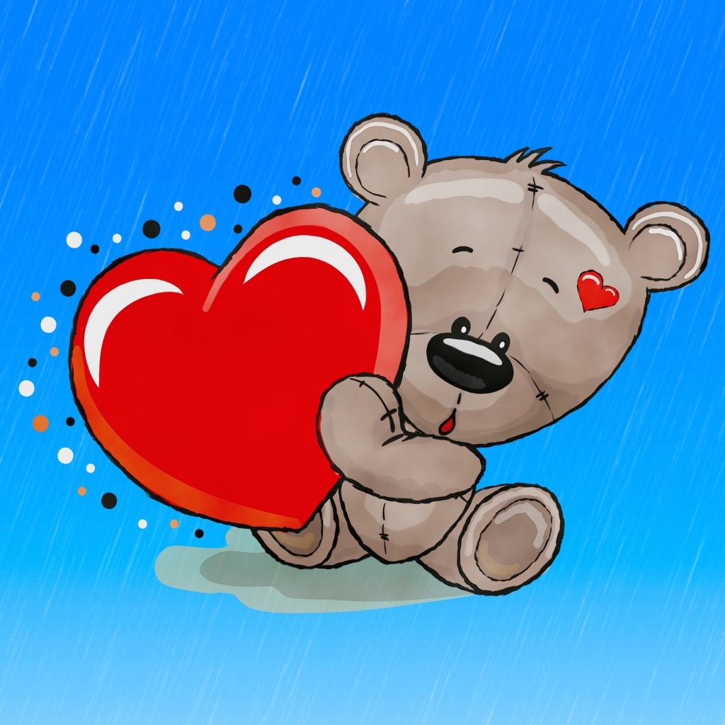 Медвежонок с красным сердцем на голубом фоне