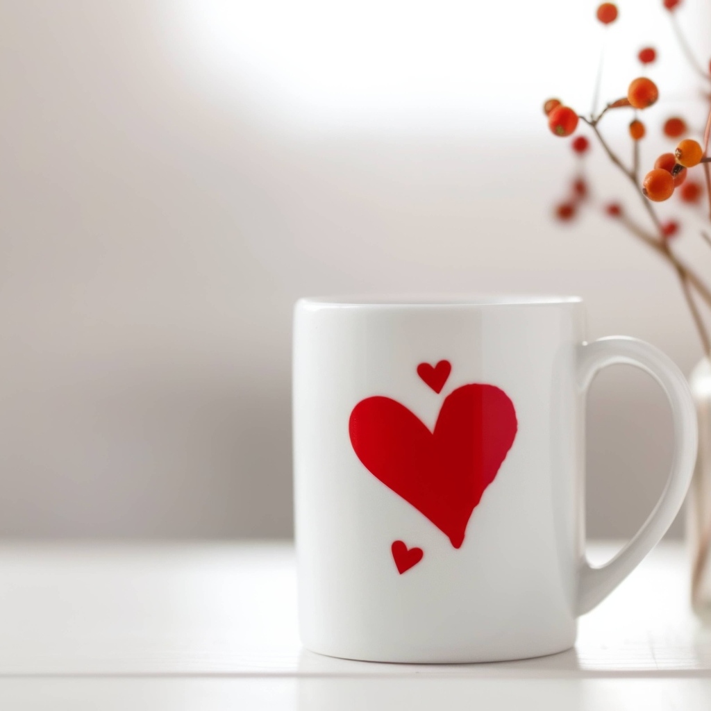 Белая кружка с красным сердцем на столе