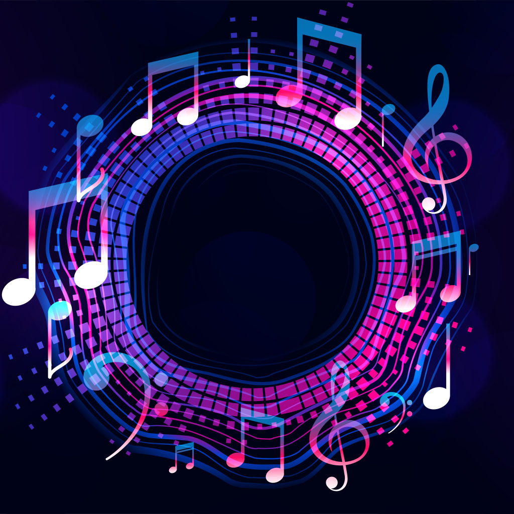 Круг с нотами на неоновом фоне