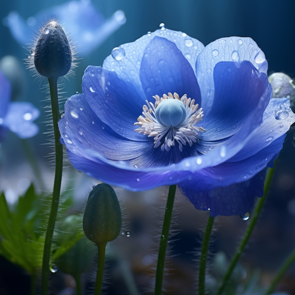 Красивый синий цветок мака с бутонами в каплях воды