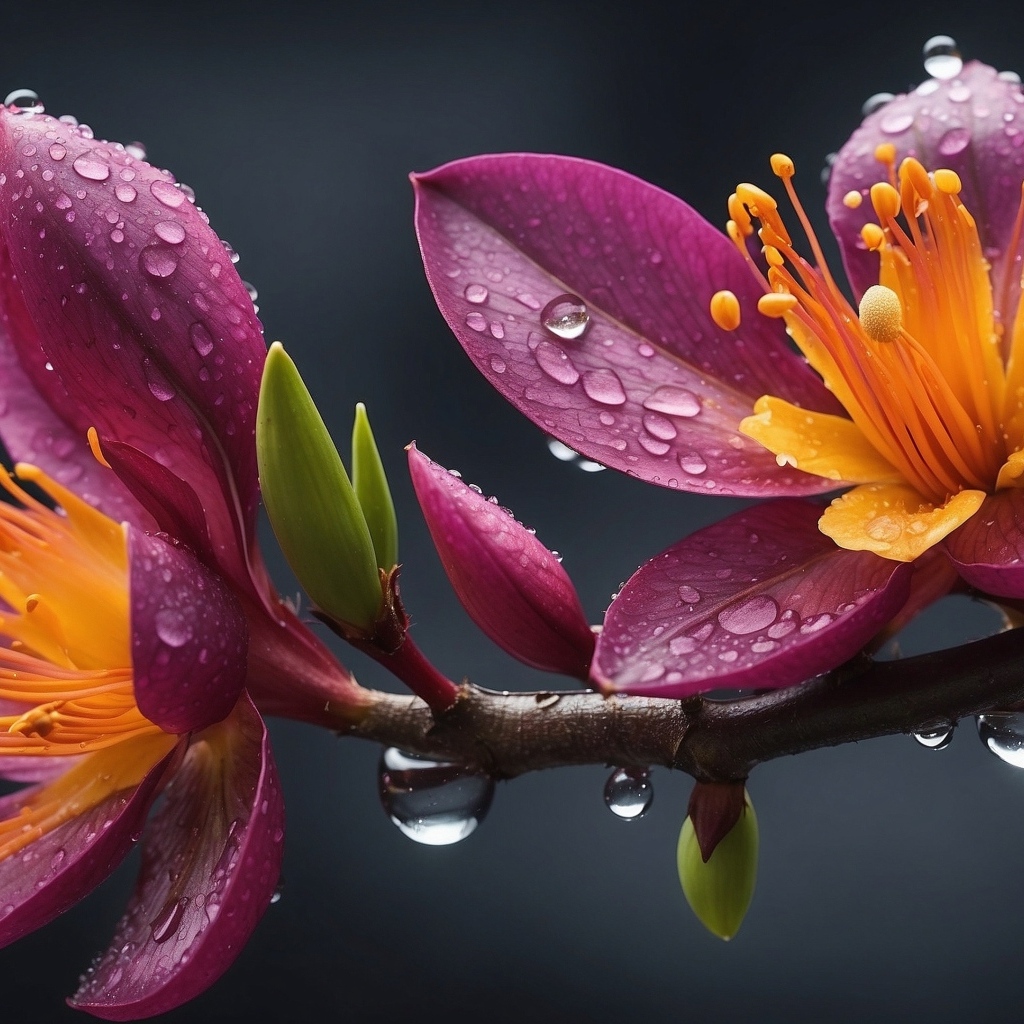 Красивые сиреневые цветы в каплях дождя на ветке