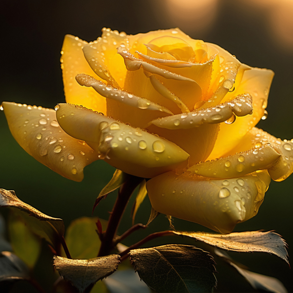 Красивая желтая роза с каплями росы на лепестках