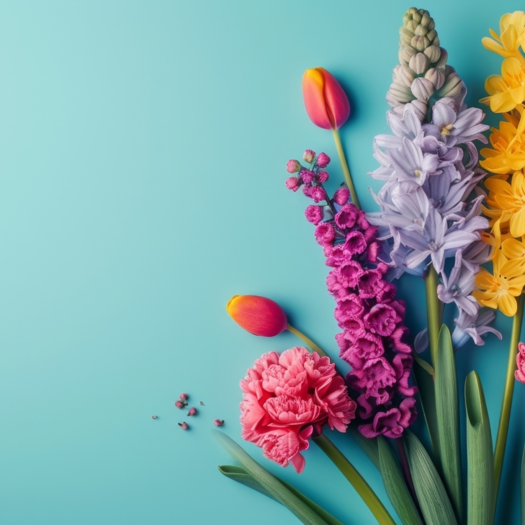 Букет красивых весенних цветов на голубом фоне