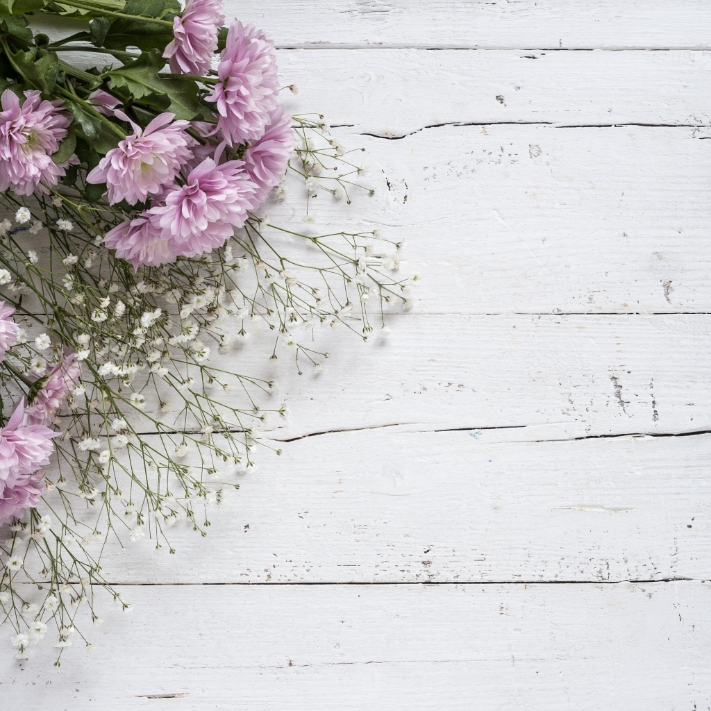 Букет розовых цветов хризантемы и белых цветов гипсофилы